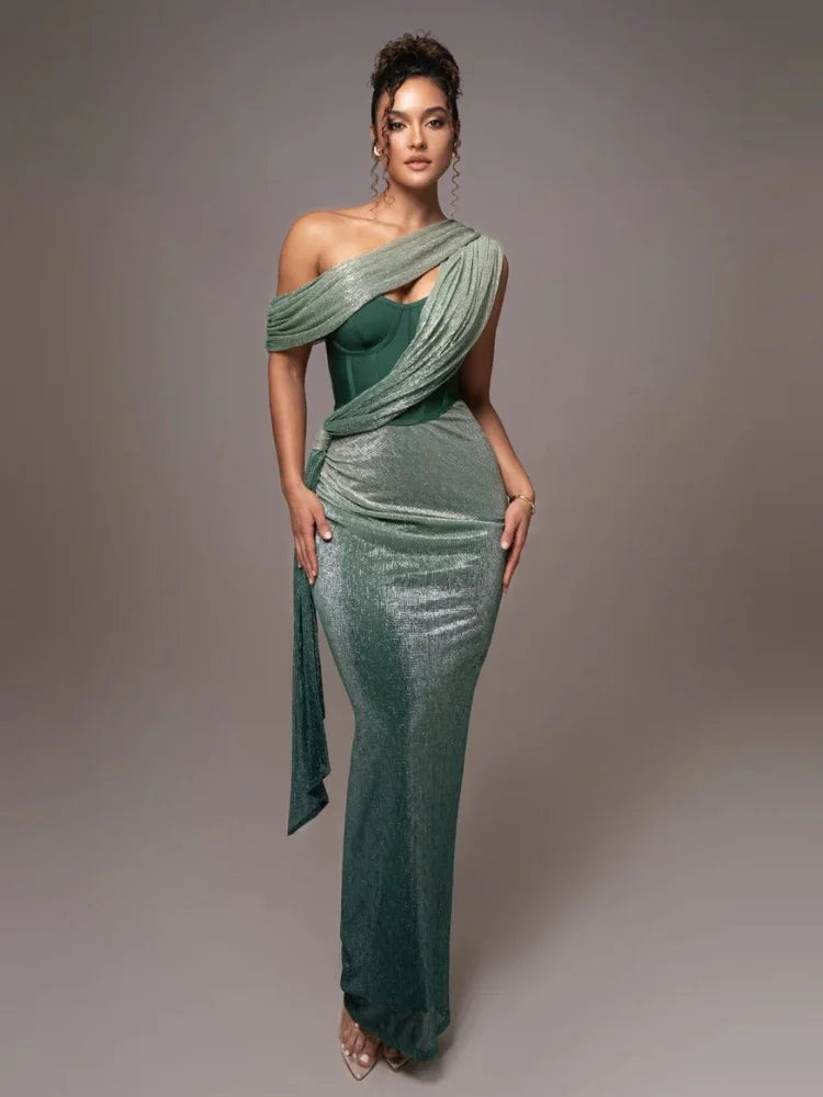 Shiny Gala Dress with One Shoulder and Split Long Evening Dress for Women