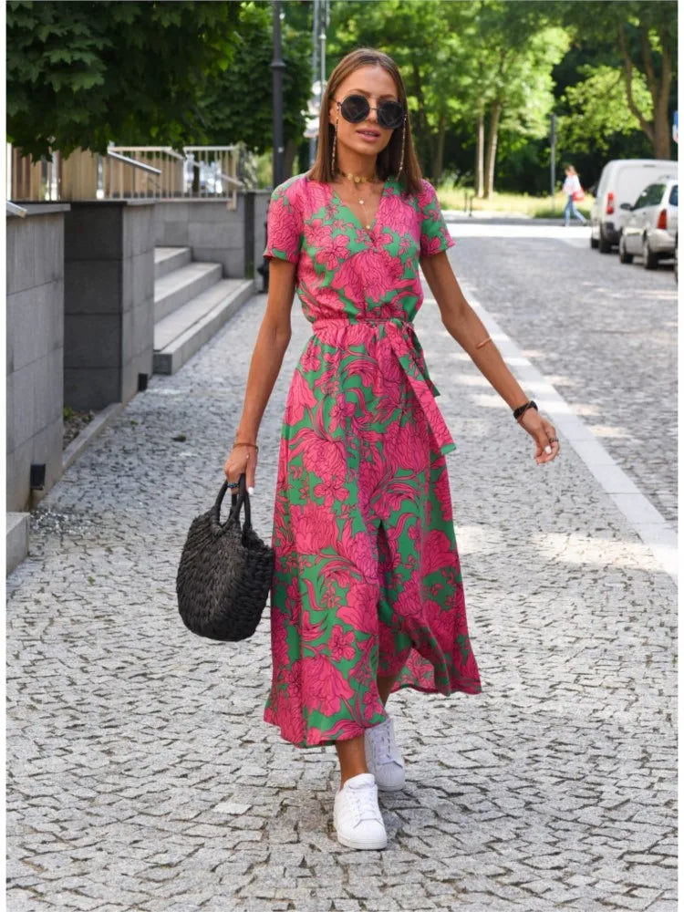 Airy Summer Midi Dress with V Neck and Belt for Women
