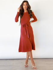 Stylish Knitted Midi Dress For Women With Tie Belt And Cable Pattern