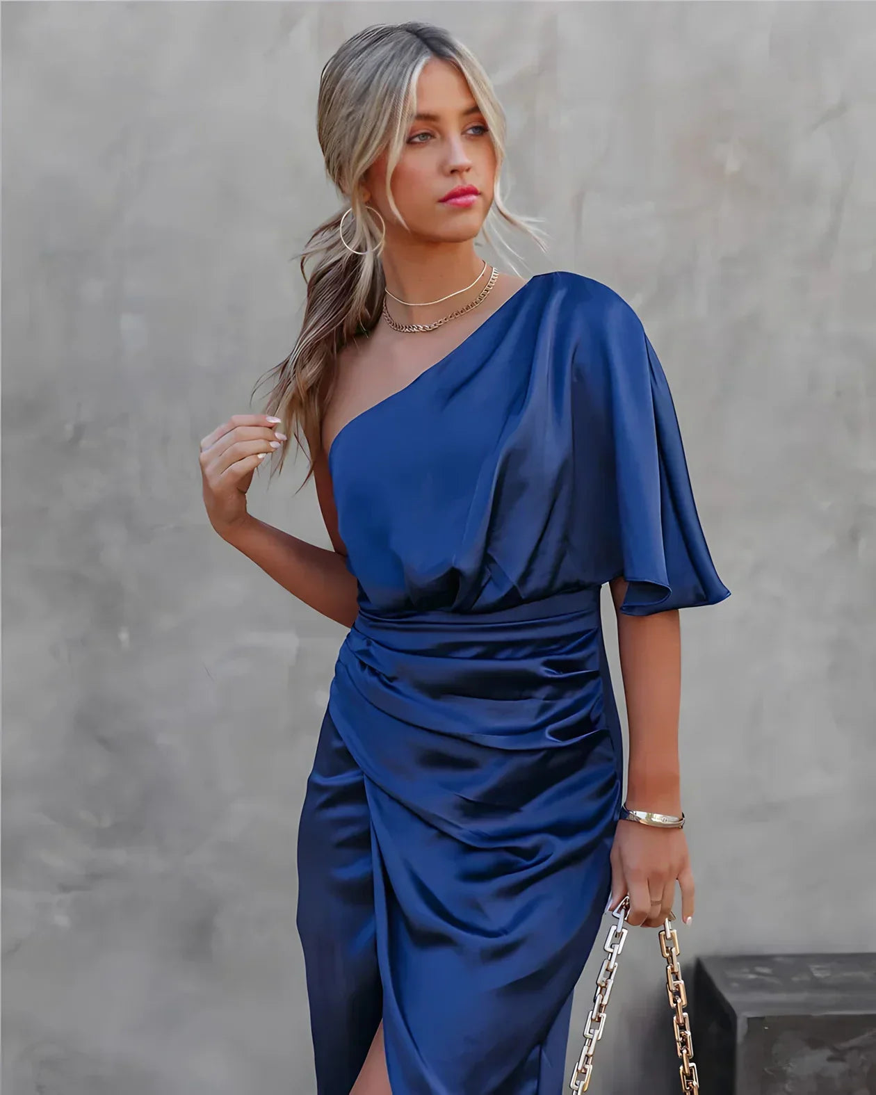 Anouk - Off-Shoulder Satin Midi Dress with Draping