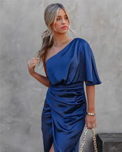 Anouk - Off-Shoulder Satin Midi Dress with Draping