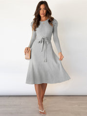 Stylish Knitted Midi Dress For Women With Tie Belt And Cable Pattern