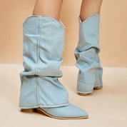 Women's Denim Cowboy Boots with High Western Pointed Toe