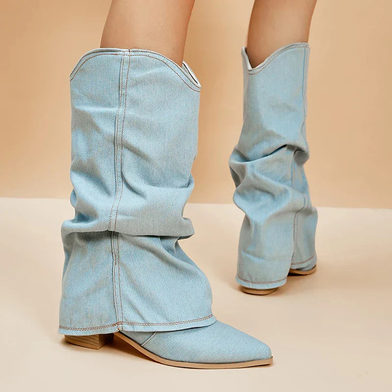 Women's Denim Cowboy Boots with High Western Pointed Toe