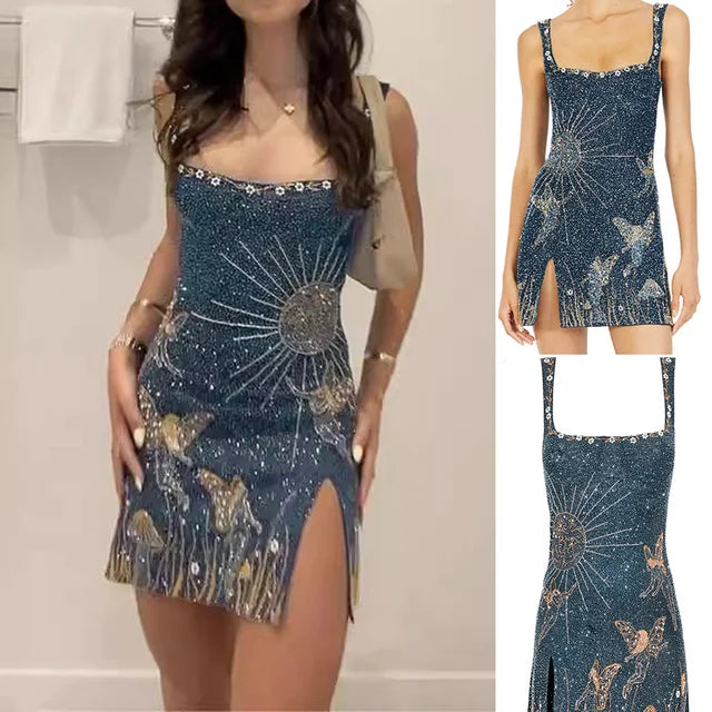 Glitter Sequin Mini Dress with Split Cocktail Party Dress for Women