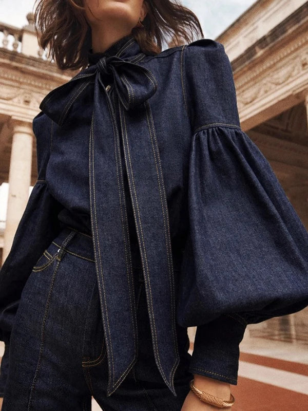Stylish Women's Denim Blouse with Tie Closure and Puff Sleeves