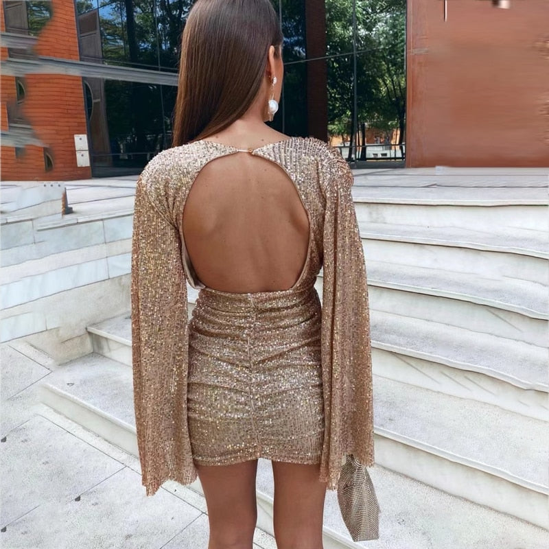 Women's Glamour Sequin Cape Mini Dress with Deep V-Neck