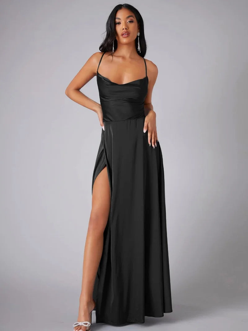 Maartje - Satin evening dress with high slit and open back
