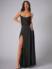 Maartje - Satin evening dress with high slit and open back