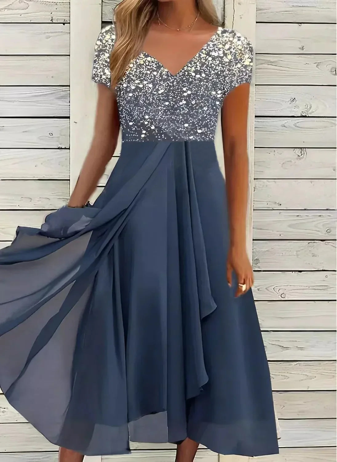 Midi Dress with Floral Print and V-Neck
