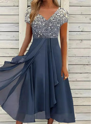Luxury Glitter Women’s Midi Dress with V-Neck and Short Sleeves