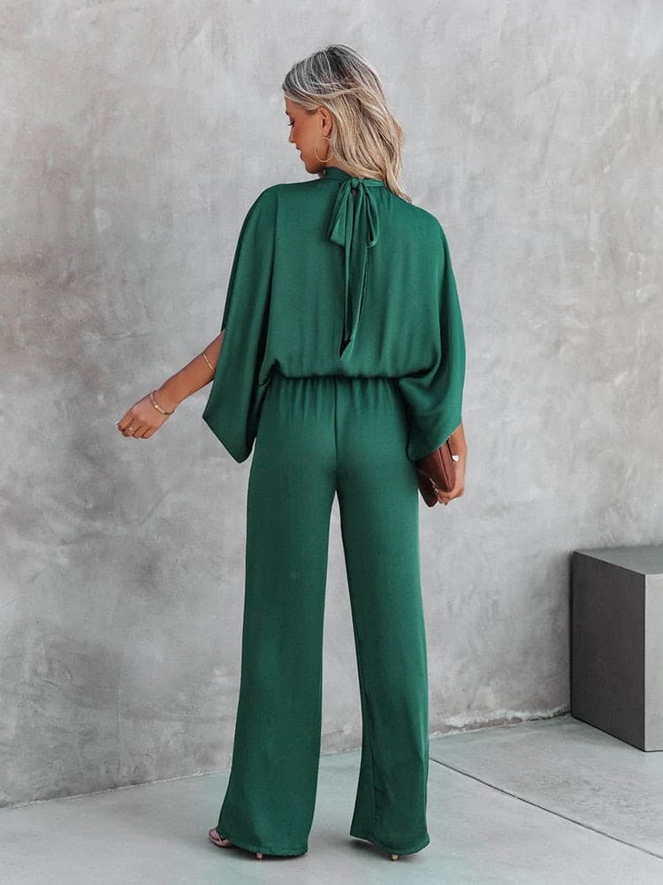 Elegant Wide-Leg Jumpsuit for Women with Cape Sleeves and Waistband