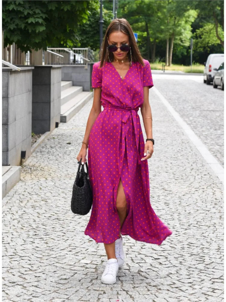 Airy Summer Midi Dress with V Neck and Belt for Women