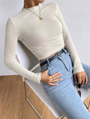 Fitted Long Sleeve Crop Top with Texture