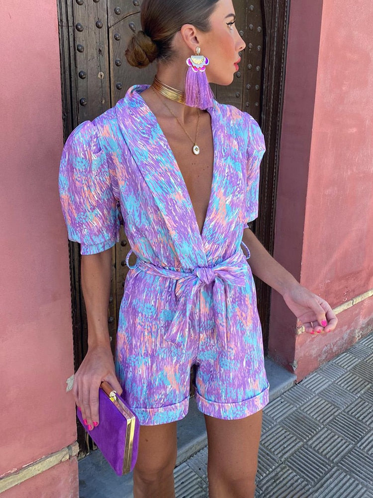 Printed Playsuit for Women with V-Neck and Tie Belt