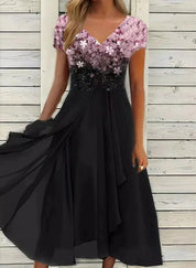 Luxury Glitter Women’s Midi Dress with V-Neck and Short Sleeves
