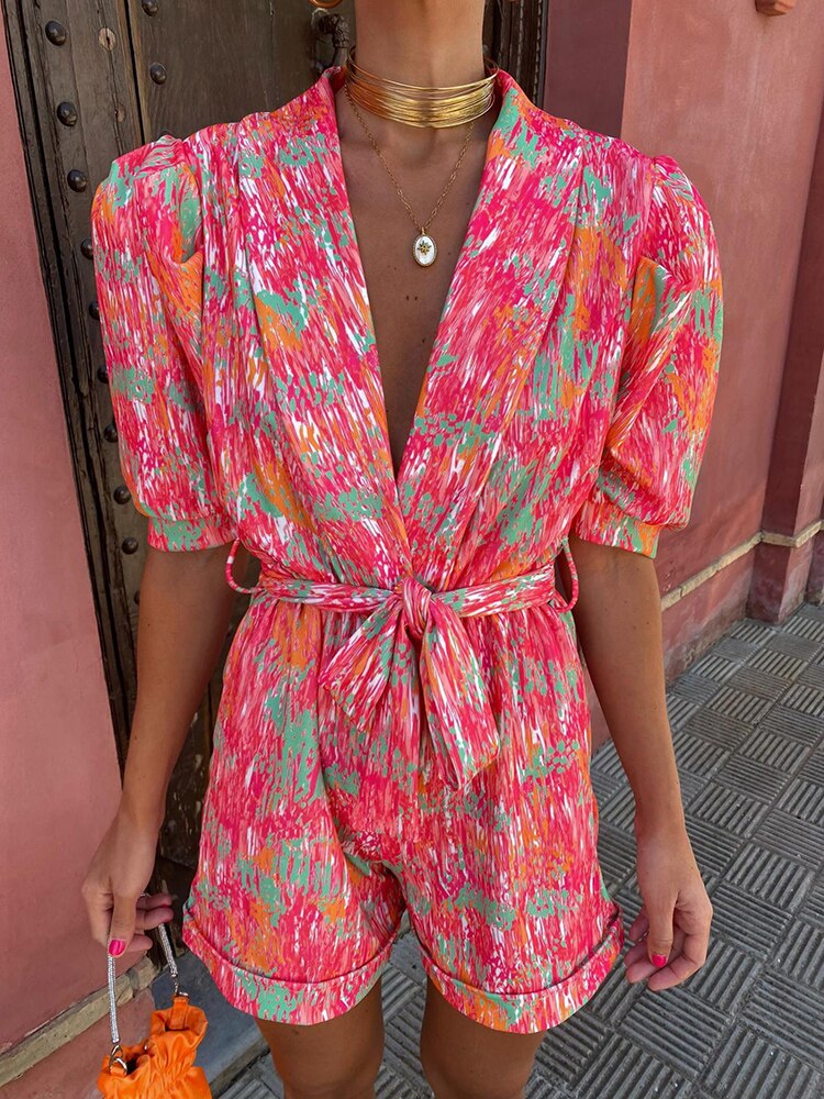 Printed Playsuit for Women with V-Neck and Tie Belt