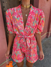 Printed Playsuit for Women with V-Neck and Tie Belt
