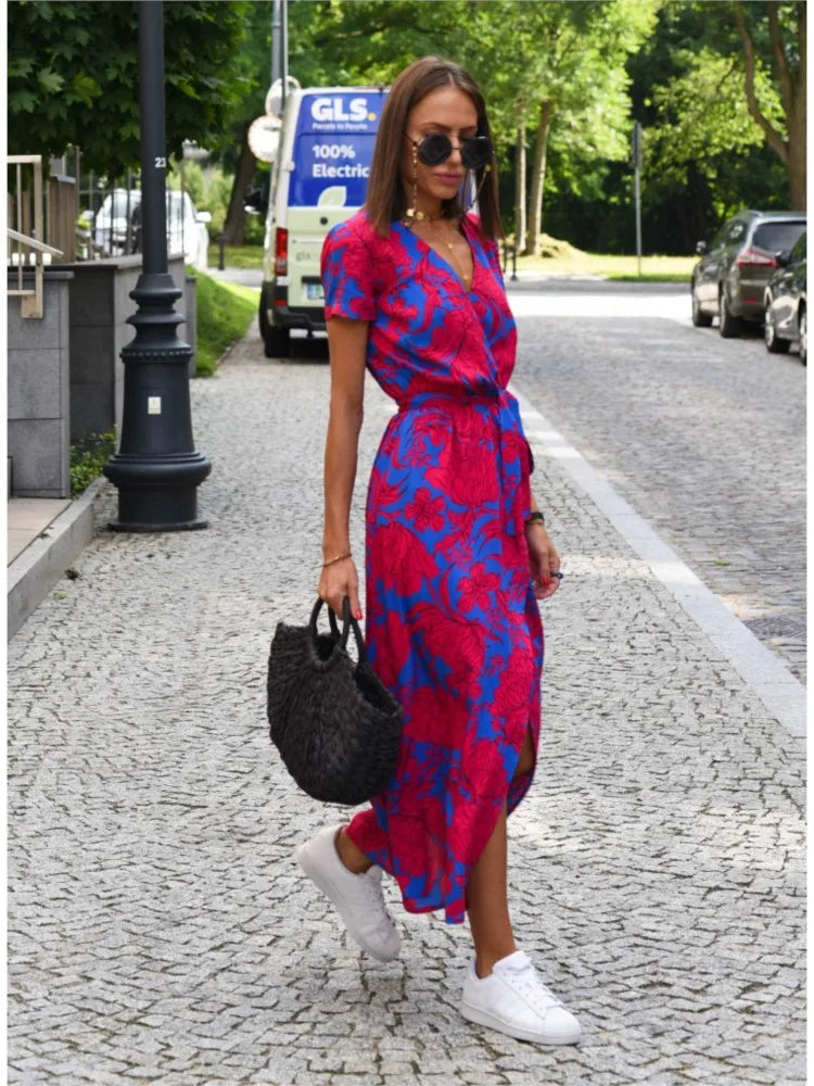 Airy Summer Midi Dress with V Neck and Belt for Women