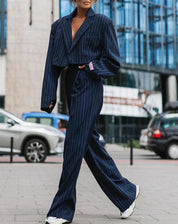 Striped Women's Two-Piece Set with Short Blazer and High Waist Pants
