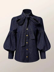 Stylish Women's Denim Blouse with Tie Closure and Puff Sleeves