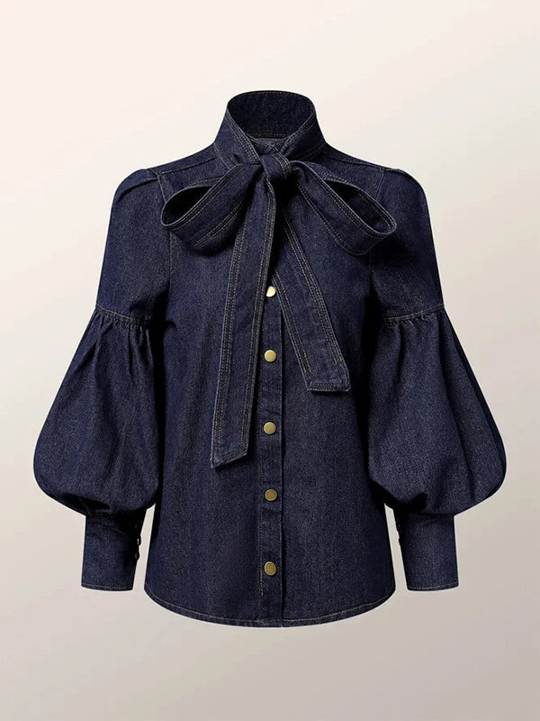 Stylish Women's Denim Blouse with Tie Closure and Puff Sleeves