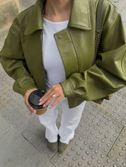 Trendy Oversized Green Leather Jacket for Women with Relaxed Fit