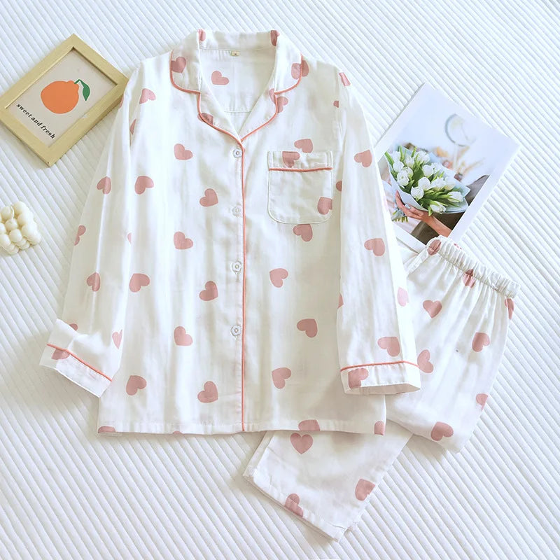 Women's Pajama Set Long Sleeve Pants with Hearts