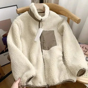 Women's Warm Teddy Coat with High Collar and Zipper Pockets