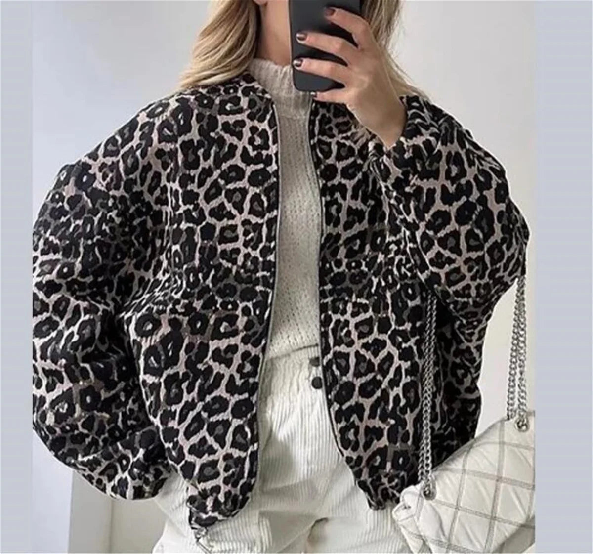 Women's Bomber Jacket with Leopard Print