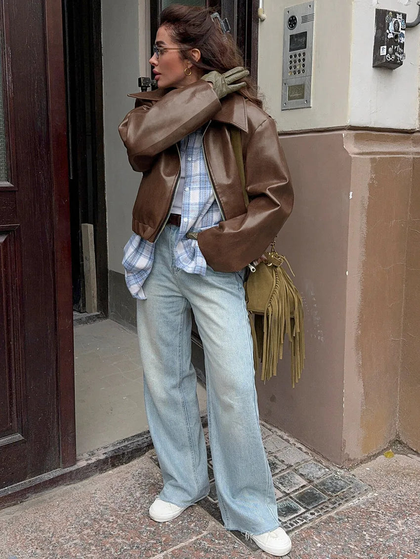 Leather Jacket for Women Short Brown with Zipper, Pockets, and Oversized Fit