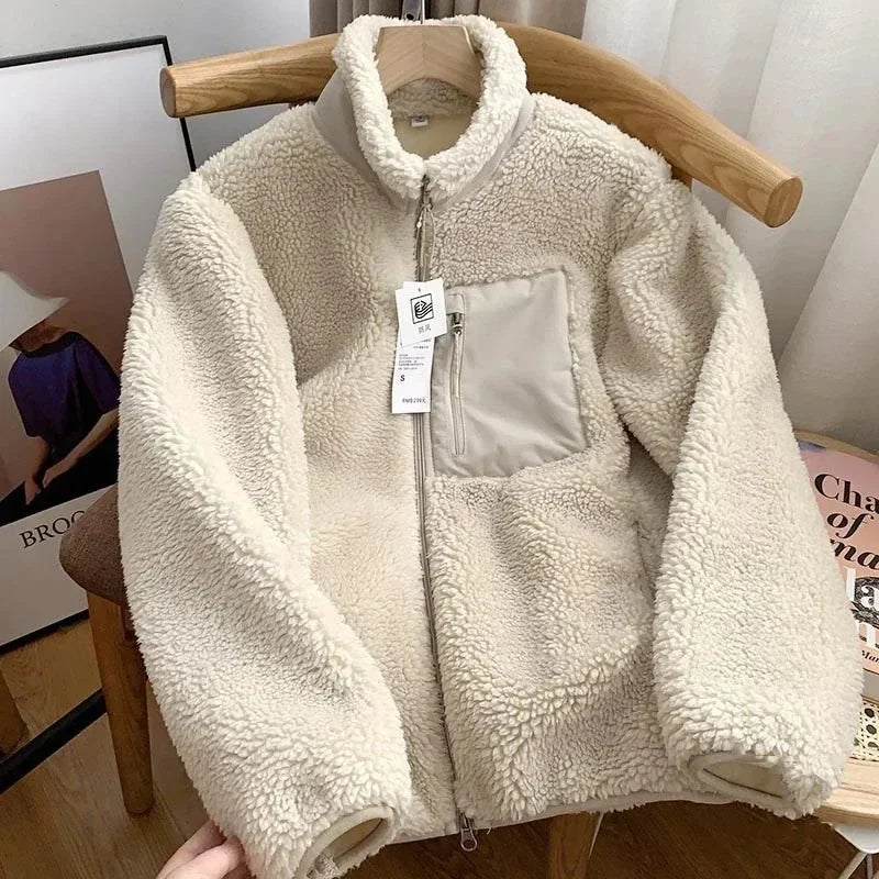 Women's Warm Teddy Coat with High Collar and Zipper Pockets