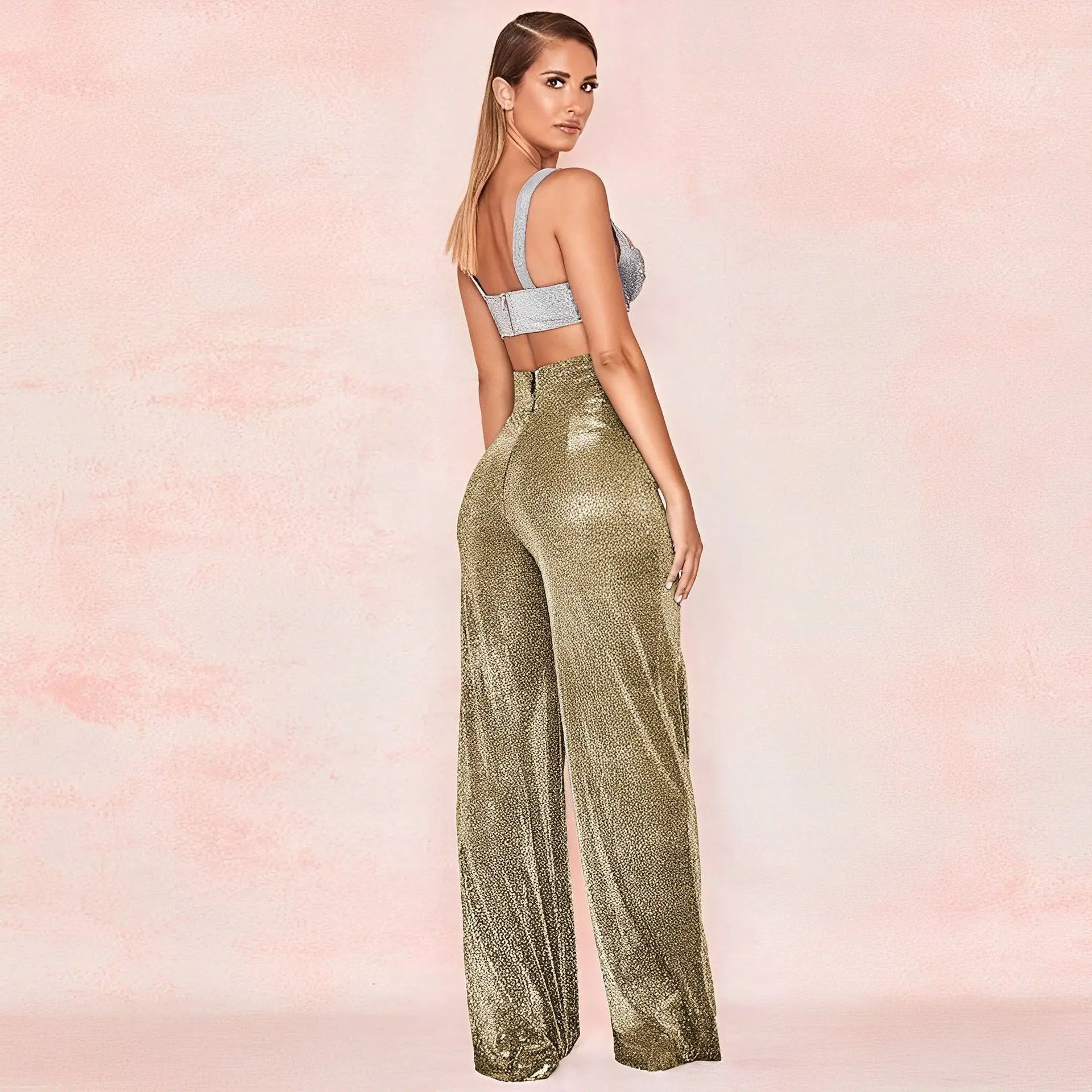 Glitter High-Waisted Wide-Leg Pants for Women