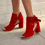 Peep-toe ankle boots with bow detail and block heel