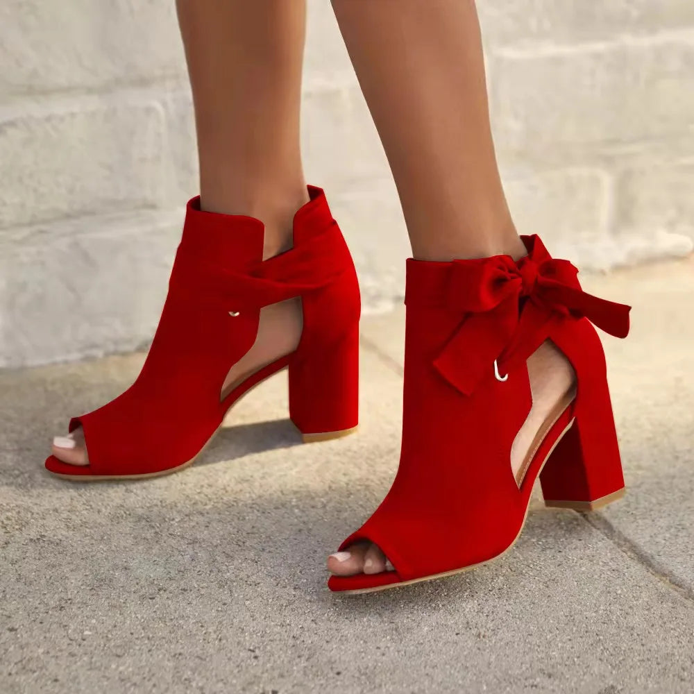 Peep-toe ankle boots with bow detail and block heel