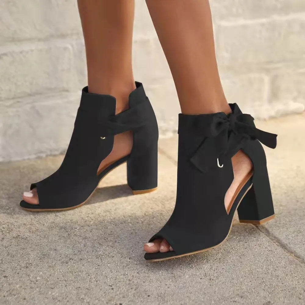 Peep-toe ankle boots with bow detail and block heel