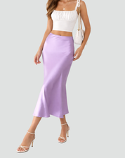 Elegant Satin Look Midi Skirt with High Waist and Smooth Drape