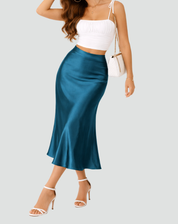 Elegant Satin Look Midi Skirt with High Waist and Smooth Drape