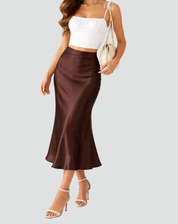 Elegant Satin Look Midi Skirt with High Waist and Smooth Drape