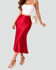 Elegant Satin Look Midi Skirt with High Waist and Smooth Drape