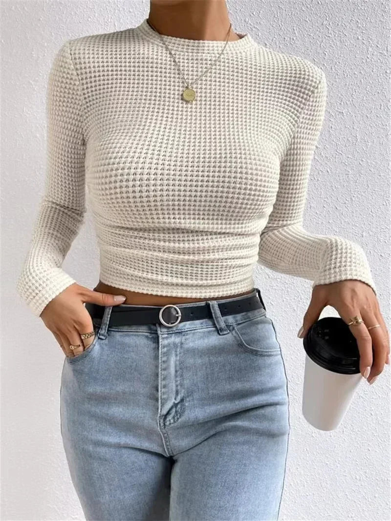 Fitted Long Sleeve Crop Top with Texture