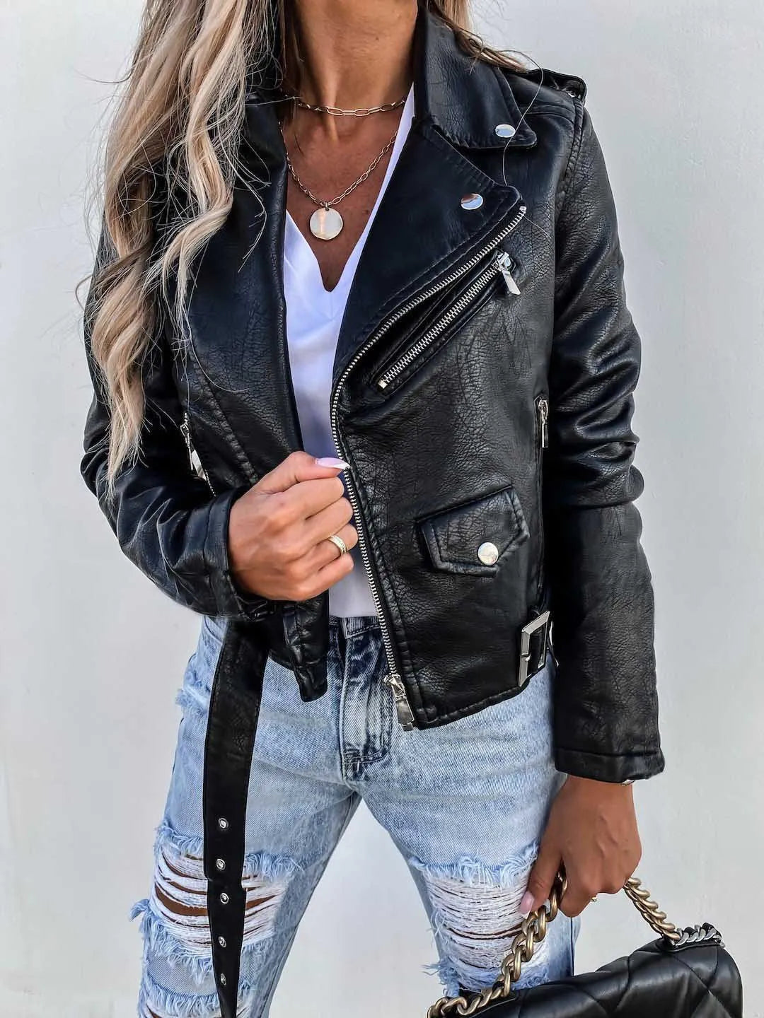 Biker Jacket with Faux Leather and Asymmetric Zipper for Women