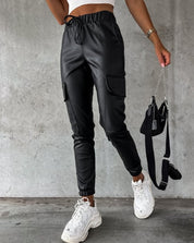 Black Faux Leather Cargo Pants for Women with High Waist and Elastic Cuffs