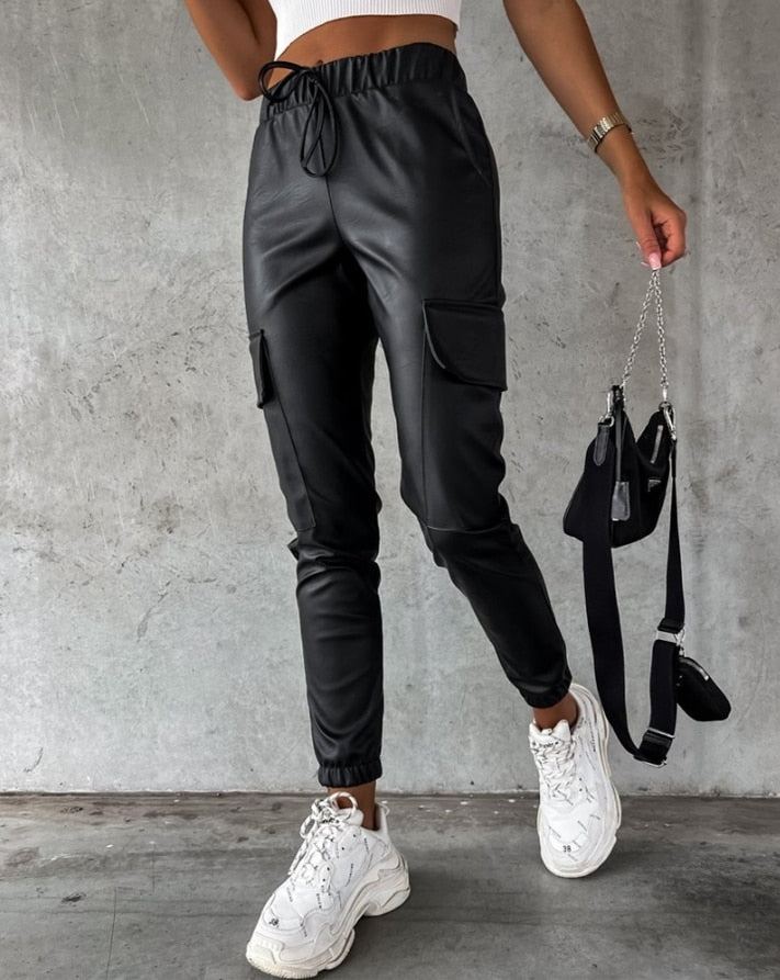 Black Faux Leather Cargo Pants for Women with High Waist and Elastic Cuffs