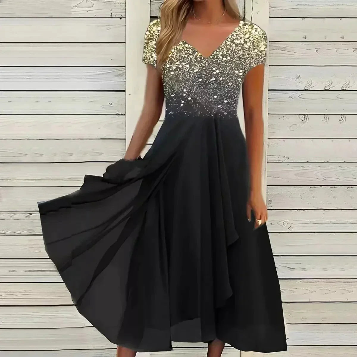 Midi Dress with Floral Print and V-Neck