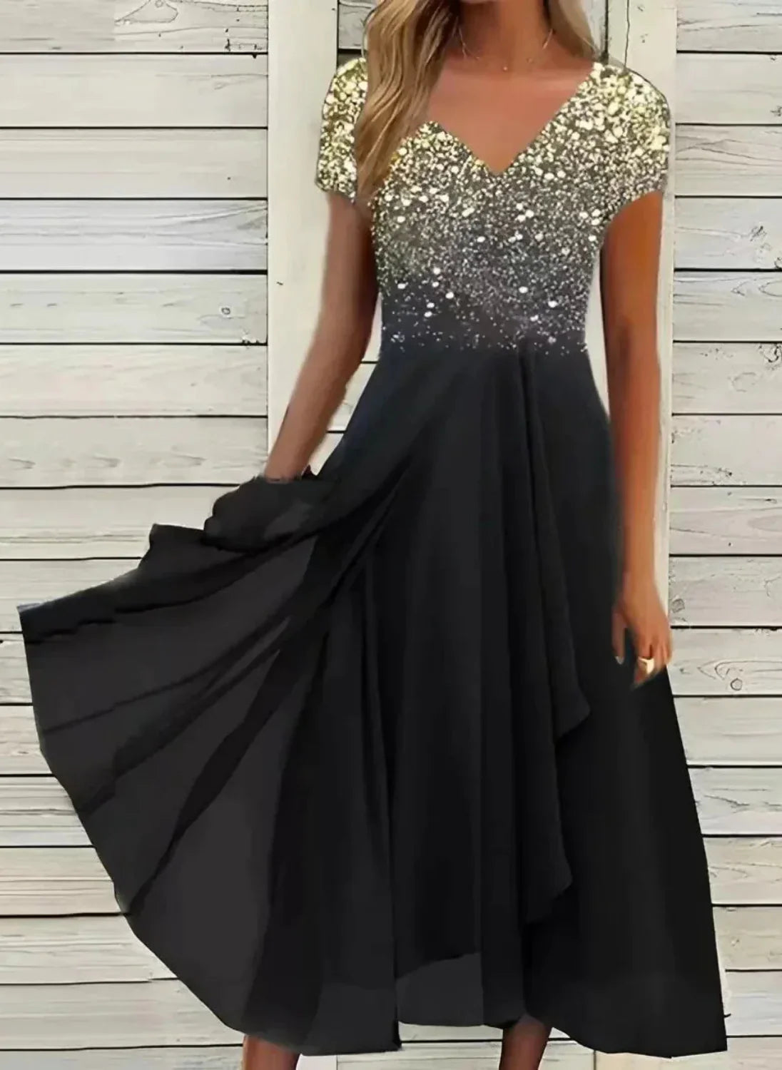 Luxury Glitter Women’s Midi Dress with V-Neck and Short Sleeves