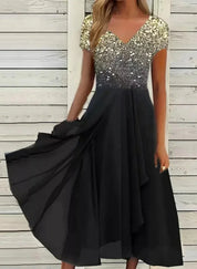 Luxury Glitter Women’s Midi Dress with V-Neck and Short Sleeves