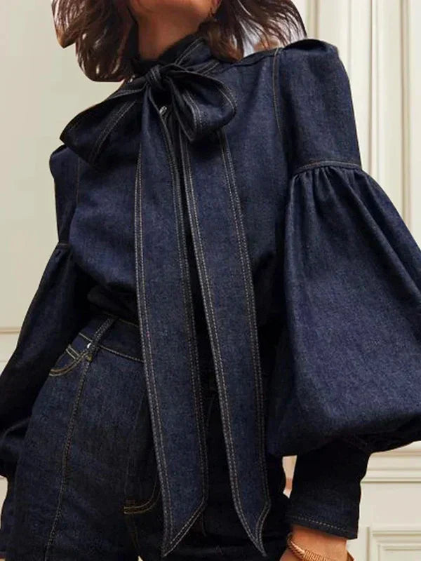 Stylish Women's Denim Blouse with Tie Closure and Puff Sleeves