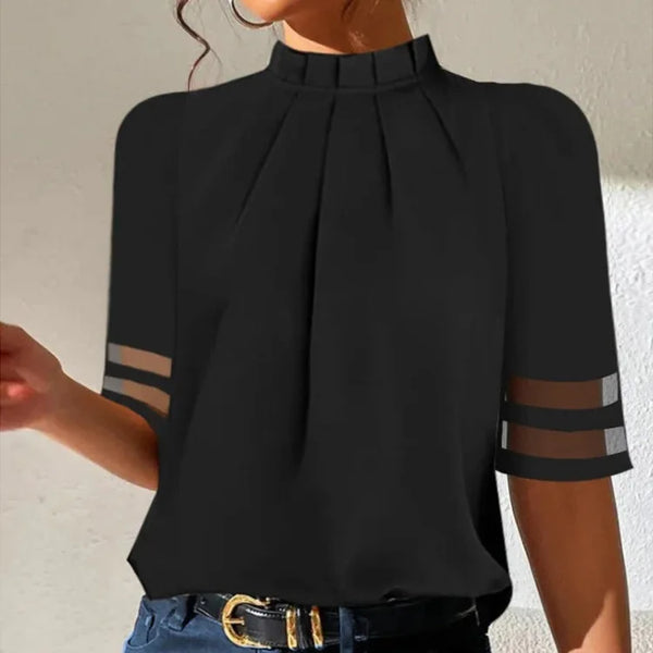 Elegant Blouse With High Neck Sleeveless Or Short Sleeve