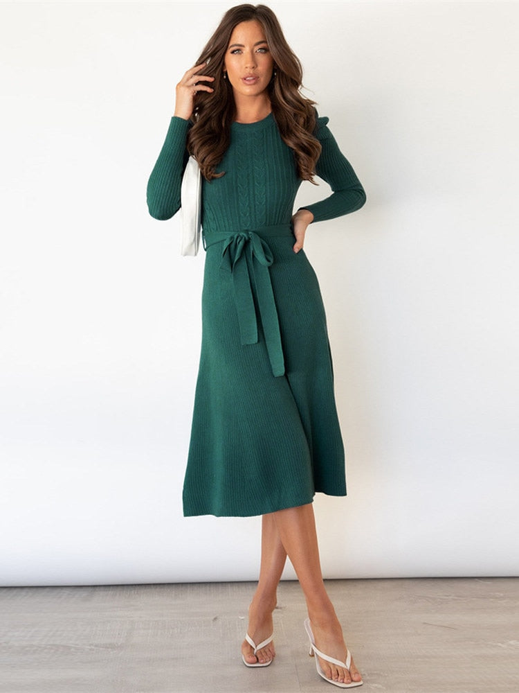 Stylish Knitted Midi Dress For Women With Tie Belt And Cable Pattern